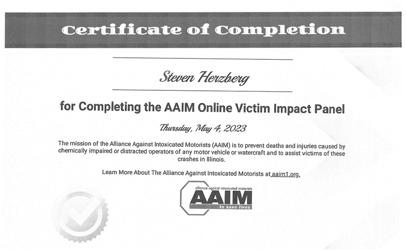 AAIM Online Victim Impact Panel Certificate of Completion - Steven Herzberg